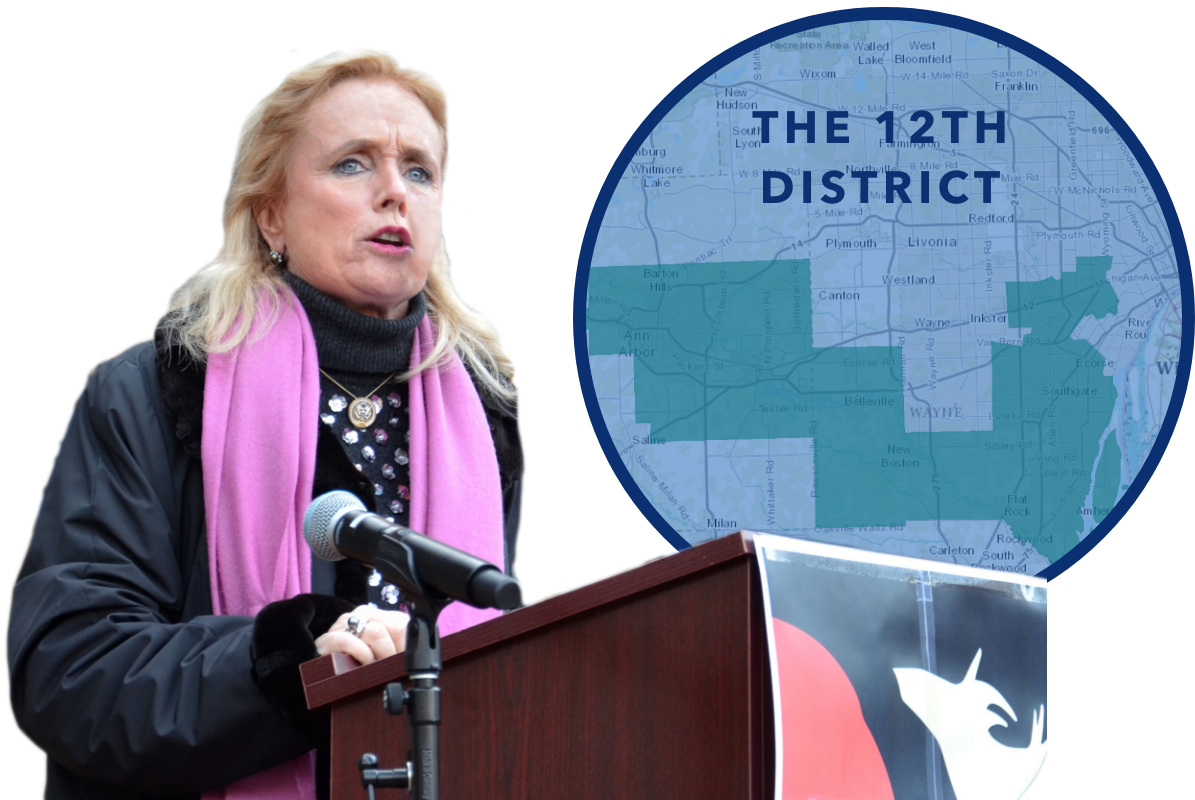 Debbie speaking at podium with 12th district graphic